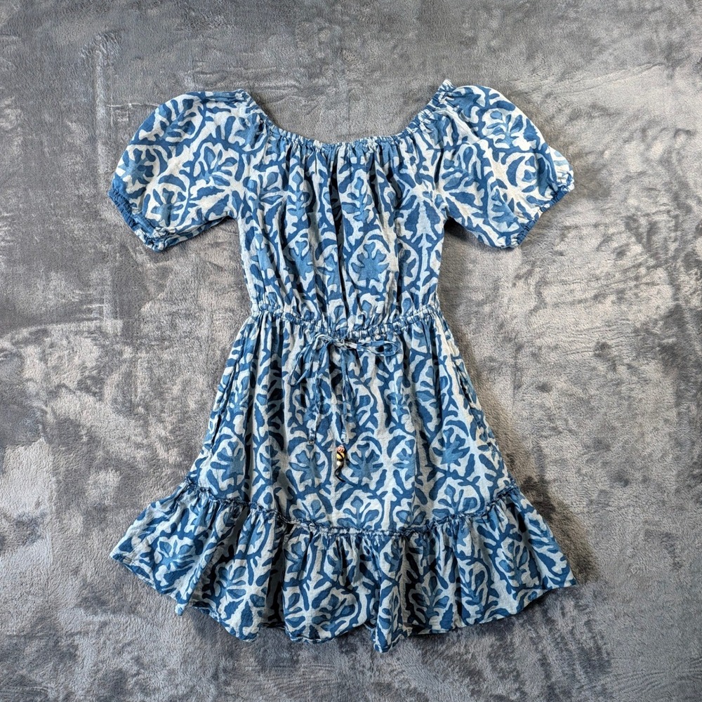 Blue Island Womens Block Print Cotton Puff Sleeve Mini Dress XS Blue Boho Beach